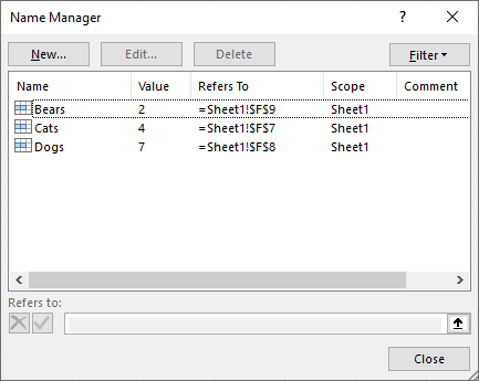 Name Manager showing sheet-scoped names