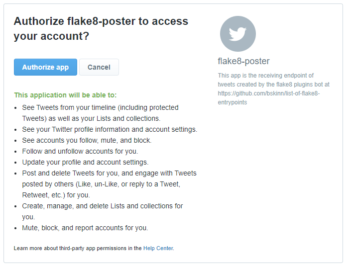View of Twitter access authorization page